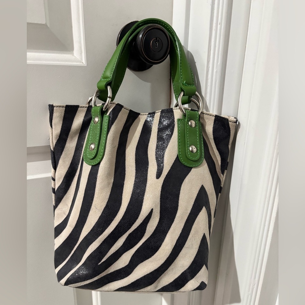 Maurizio Taiuti Zebra Print Leather Tote Bag Green Handles Made in Italy - Picture 8 of 11
